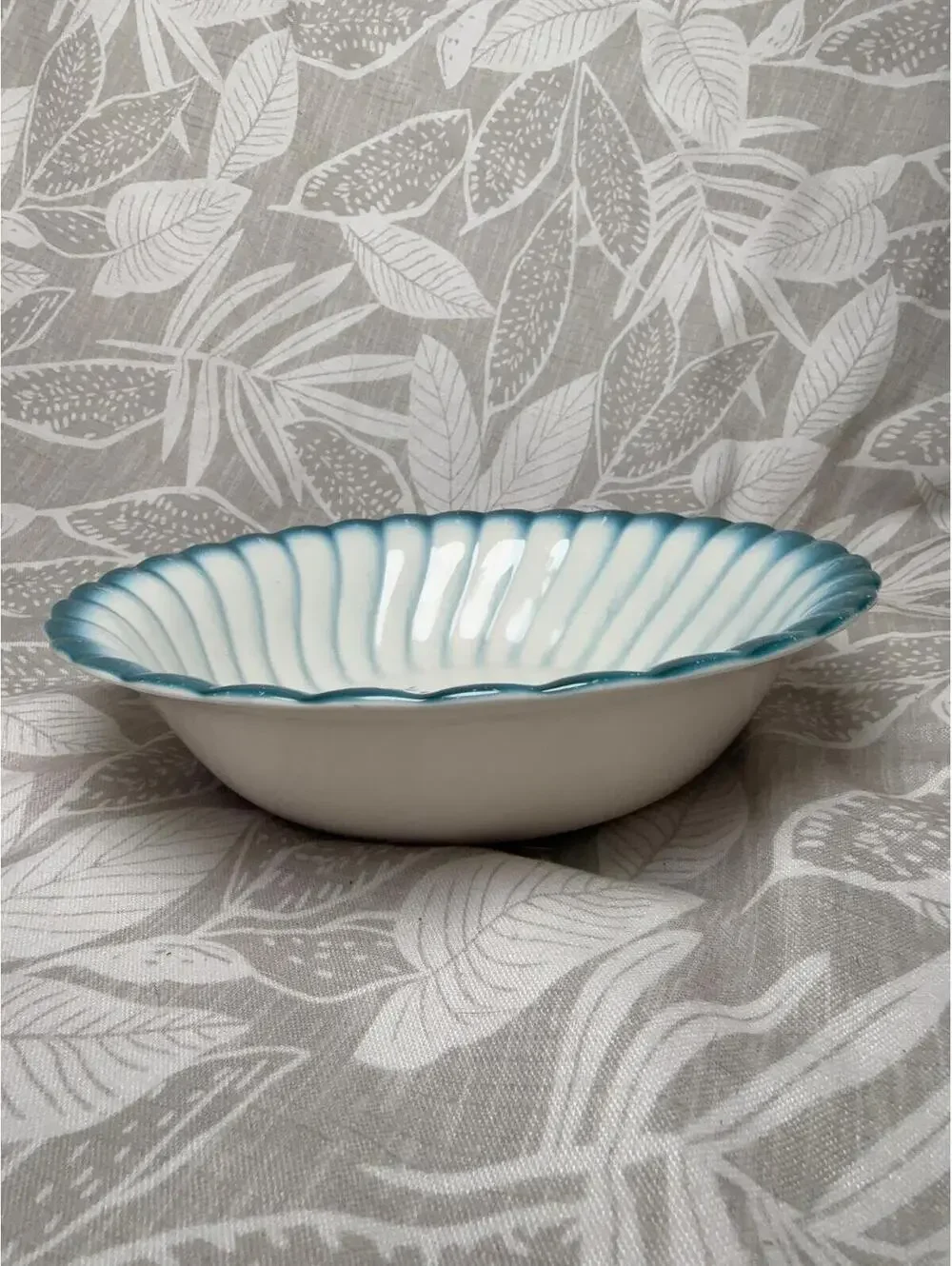 Homer Laughlin Virginia Rose Fluted Serving Bowl Aqua Blue Rim Floral 1940s